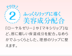 POINT2　ふっくらリップに導く美容成分配合　「ローヤルゼリー」や「マキシリップ」など、唇に嬉しい保湿成分を配合。なめらかでふっくらとした、理想のリップに整えます。