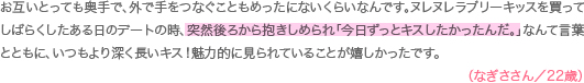お互いとっても奥手で、外で手をつなぐこともめったにないくらいなんです。ヌレヌレラブリーキッスを買ってしばらくしたある日のデートの時、突然後ろから抱きしめられ「今日ずっとキスしたかったんだ。」なんて言葉とともに、いつもより深く長いキス！魅力的に見られていることが嬉しかったです。