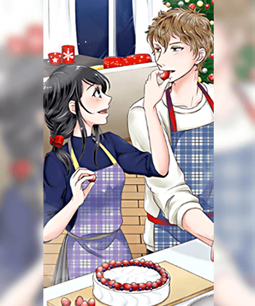 エプロン姿で楽しくケーキを作る月乃と哲也