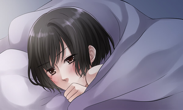 官能小説挿絵:ベッドで布団にくるまる女性