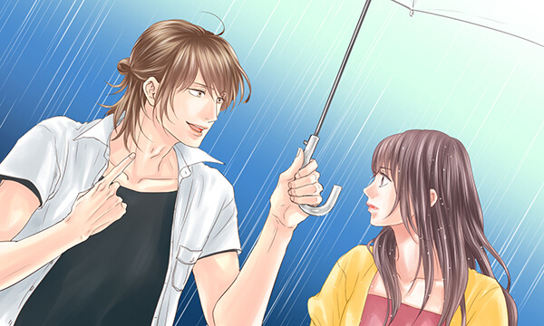 官能小説の傘をさして話をている男女