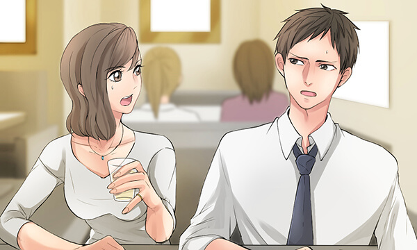 スーツの男性とオフィスカジュアルの女性が仕事終わりに飲みいく。男性の発言に女性は驚いている。