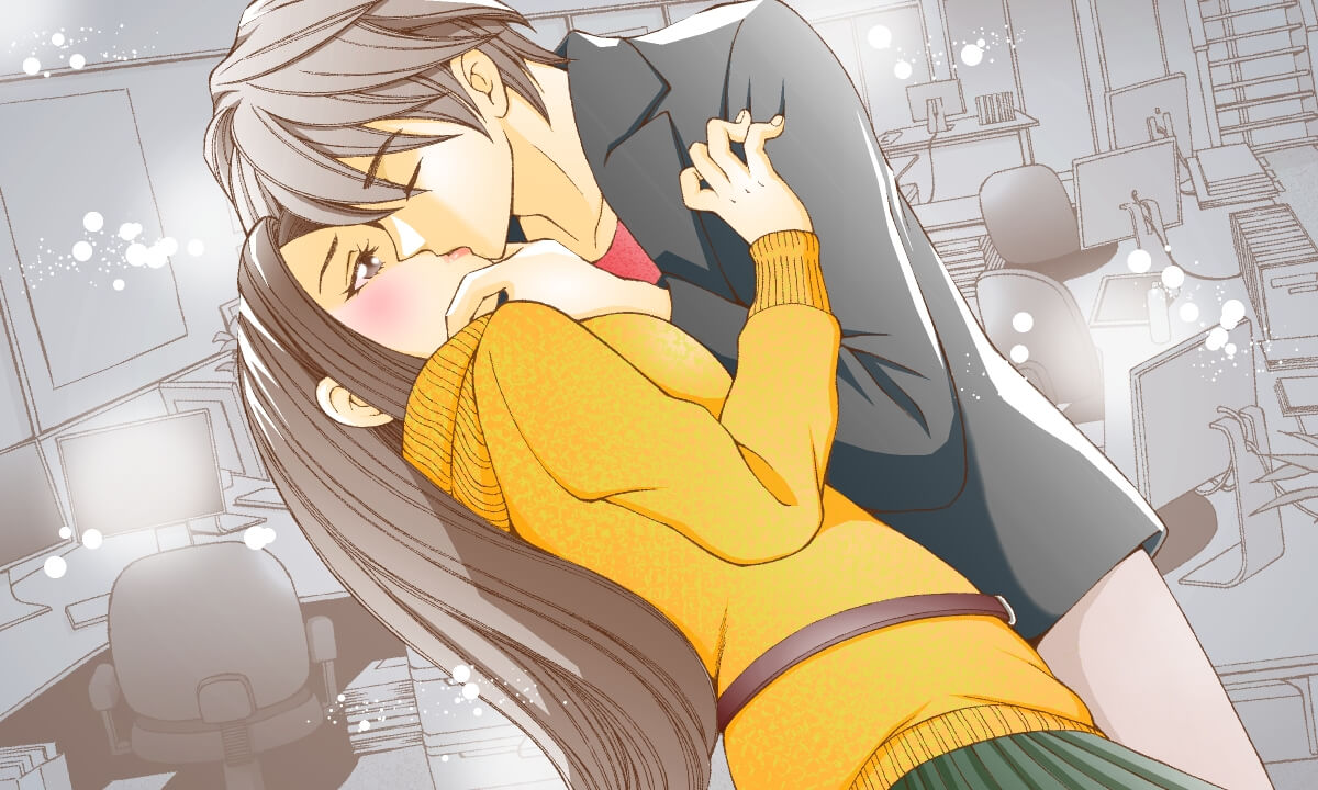 誰もいないオフィスで唇を重ねる男女