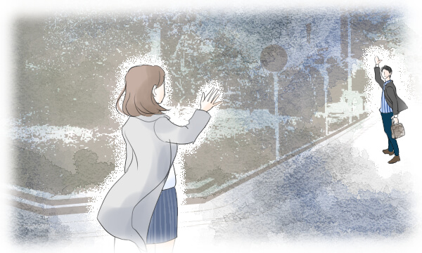 男性に手を振るアラサー女性