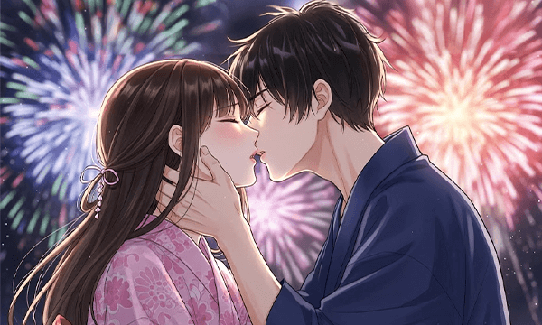 花火をバックにキスするふたり