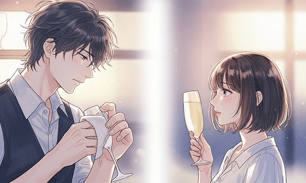 グラスを持つ成美とカウンターに立つ圭人