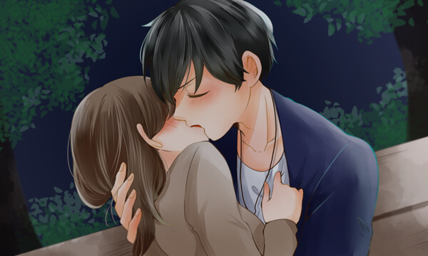 官能小説;公園のベンチでディープキスをする男女