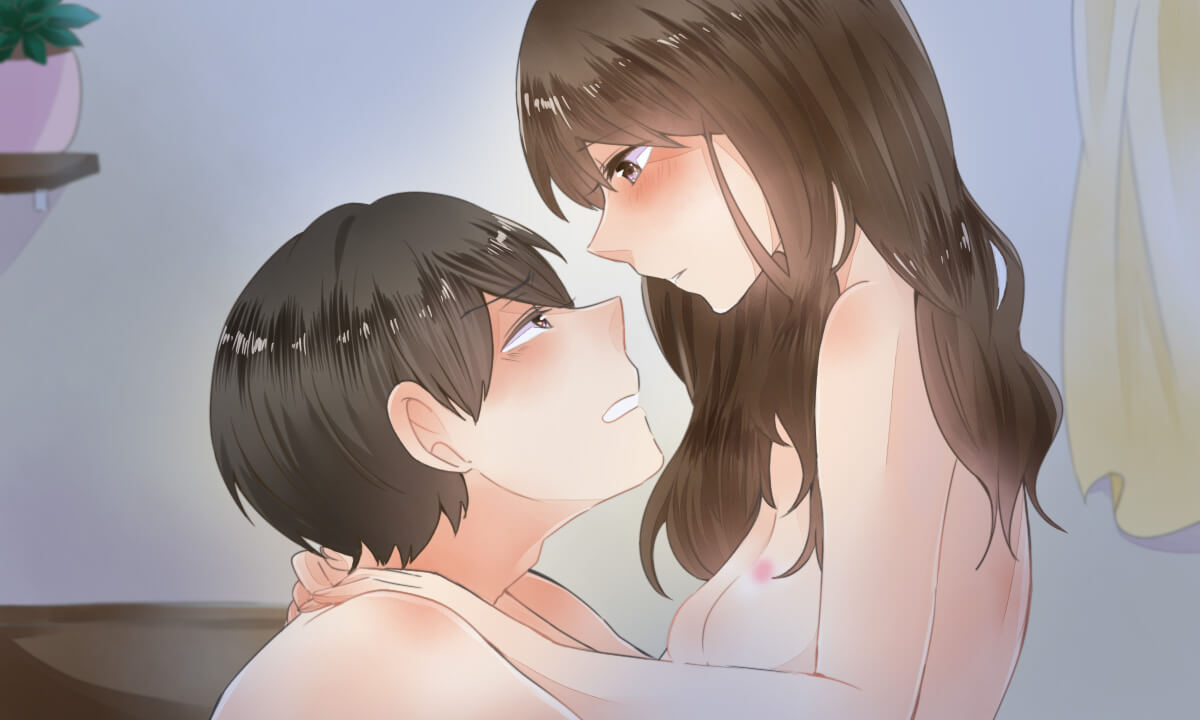 抱き合いながら見つめあう男女