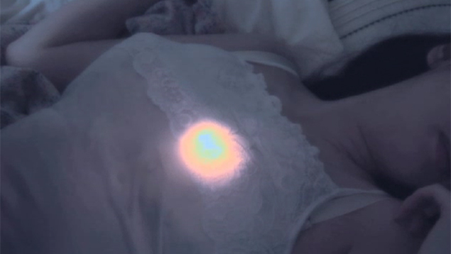 男性に服の上から懐中電灯で光を当てられる女性